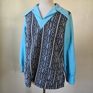 Vintage 70s Stockton Blue Brown Polyester Double Knit Retro Mod Tunic Top M/L